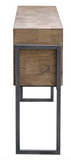 The Block Console table is a clean contemporary accent, featuring mahogany solids with mindi veneer, finished in a hand applied light oatmeal wash. Veneer is applied in a layered fashion, creating the varying grain patterns on the body, set into an aged iron frame.