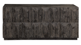 The Fitz Modern Media Cabinet is constructed almost entirely of solid reclaimed fir, featuring bevel paneled front and sides, finished in heavily aged black with a light gray glaze and ember highlights. Three soft close doors open to one adjustable shelf in each compartment. Will show rustic signs of past usage. Solid wood will continue to move with temperature and humidity changes, which can result in small cracks and uneven surfaces, adding to its authenticity and character.