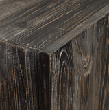 The Fitz Modern Media Cabinet is constructed almost entirely of solid reclaimed fir, featuring bevel paneled front and sides, finished in heavily aged black with a light gray glaze and ember highlights. Three soft close doors open to one adjustable shelf in each compartment. Will show rustic signs of past usage. Solid wood will continue to move with temperature and humidity changes, which can result in small cracks and uneven surfaces, adding to its authenticity and character.