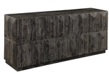 The Fitz Modern Media Cabinet is constructed almost entirely of solid reclaimed fir, featuring bevel paneled front and sides, finished in heavily aged black with a light gray glaze and ember highlights. Three soft close doors open to one adjustable shelf in each compartment. Will show rustic signs of past usage. Solid wood will continue to move with temperature and humidity changes, which can result in small cracks and uneven surfaces, adding to its authenticity and character.