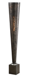 The Iron Flute Lamp can be used as a table or floor accent lamp. This heavy iron design is finished in an acid oxidized dark bronze, covered in imperfect laser cut perforations, paired with a coordinating cubed foot and crystal accent. 60 watt, T30 antique style bulb included.