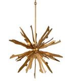 The Jagged Starburst 6 light pendant features antique gold leaf on starburst blades helps mix the mid-century feel with an old world feel giving us this great pendant. Includes 6-40w G9 halogen bulbs. Use in a grouping for a more eye catching fixture.
