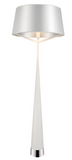 The Zurich Modern Floor lamp is sleek and elegant.  It is composed of carbon steel and accented with a fabric shade.  The tapered base and fretwork style shade arms makes this piece a modern marvel.  2 colors available.