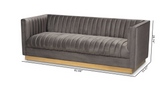 Grey Channel Back Velvet Sofa with Gold Metal Base