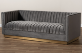 Grey Channel Back Velvet Sofa with Gold Metal Base