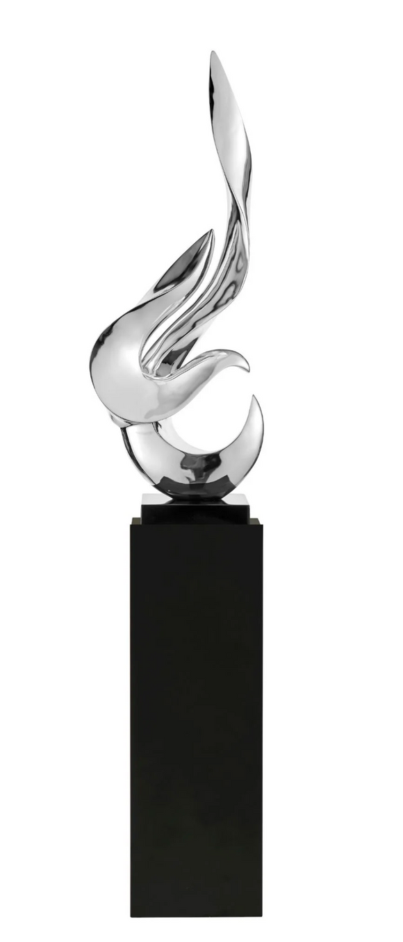 Silver Flame Oversized Sculpture on Black Gloss Stand