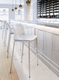 Acer Modern White Barstool or Counter Stool with Curved Brushed Stainless Steel Frame
