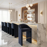 Emason Upholstered Curved Back Midnight Grey Counter Stool or Bar Stool with Gold Foot Rest Bar