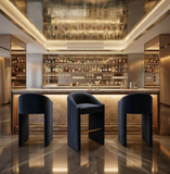 Emason Upholstered Curved Back Midnight Grey Counter Stool or Bar Stool with Gold Foot Rest Bar