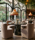 Kuko Black Marble Dining Table and Mango Wood Round Dining Table