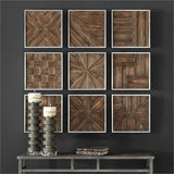 a collage of nine unique three-dimensional pieced patterns of rustic distressed fir wood framed in silver