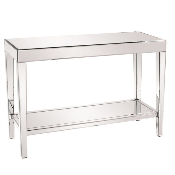 Simple Mirrored Console With Shelf, modern mirrored accent table, mirrored display table, contemporary console table