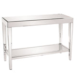 Simple Mirrored Console With Shelf, modern mirrored accent table, mirrored display table, contemporary console table