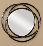 This unusual mirror features a frame made of three entwined circles with a matte black finish with silver leaf inner and outer edges.