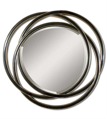The Venn mirror features a frame made of three entwined circles with a matte black finish with silver leaf inner and outer edges. Venn has a generous 1 1/4