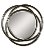 The Venn mirror features a frame made of three entwined circles with a matte black finish with silver leaf inner and outer edges. Venn has a generous 1 1/4" bevel as well.