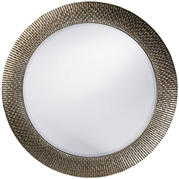 This round, resin mirror is highlighted with metallic touches. It has textured pieces that stick up giving the piece dimension and adds a starburst effect. This mirror is large and bold. It is great for large wall spaces that needs a dramatic piece. 