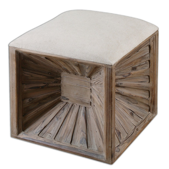 Cube of Wood Ottoman with Linen Top