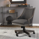 curved back design in warm charcoal gray linen, accented by polished nickel nail head trim