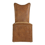 thick top grain nubuck leather slipcover chair in a distressed worn cognac with a tailored double stitched design and casual flange edges