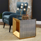 coffee table faceted with lightly antiqued mirror, accented with open beveled ends in antiqued gold leaf