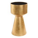this accent table is finished in hand applied metallic gold leaf with a black glass inset top