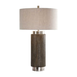 This lamp mixes a contemporary feel with stacked cylinder shapes and a strong rustic design with the faux wood base, finished in an old driftwood stain, accented with a rottenstone glaze and brushed nickel plated details. 