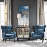 Hand painted artwork on canvas, featuring shades of blue, gold, bronze and white