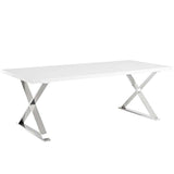 Create a space that is distinct from its surroundings with the Franklin Dining Table. With its clean lines and distinguished look, Franklin was designed to rest at the forefront of many worthwhile endeavors. Made of durable fiberboard coated in a high gloss white laminate, a polished stainless steel X-base, and felt pads to help protect your flooring