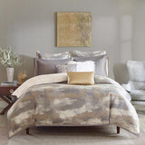 Grey and Cream Colored Bedding Ensemble with faux fur, faux leather, and sequin  decorative pillows