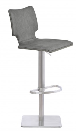 Syd Adjustable Barstool in Brushed Stainless Steel with Vintage Grey Faux Leather and Grey Walnut Wood Back