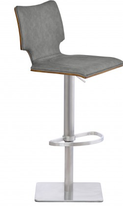Syd Adjustable Barstool in Brushed Stainless Steel with Vintage Grey Faux Leather and Walnut Wood Back