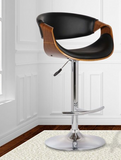 Scoops Adjustable Swivel Barstool in Gray Faux Leather with Chrome Finish and Walnut Wood