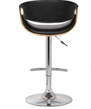 Scoops Adjustable Swivel Barstool in Gray Faux Leather with Chrome Finish and Walnut Wood