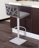 Chris Adjustable Swivel Barstool in Gray Faux Leather with Brushed Stainless Steel Finish and Gray Walnut Veneer Back