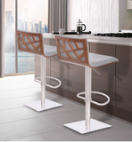 Chris Barstool in Brushed Stainless Steel finish with Grey Fabric and Walnut Back