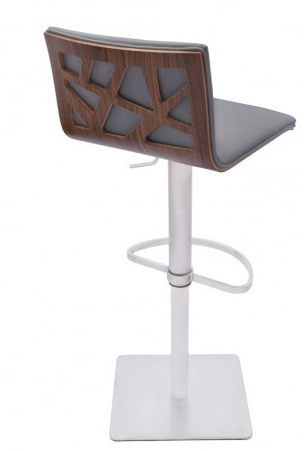 Chris Barstool in Brushed Stainless Steel finish with Grey Faux Leather and Walnut Back
