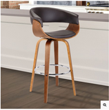 July 30" Mid-Century Swivel Bar Height Barstool in Brown Faux Leather with Walnut Wood