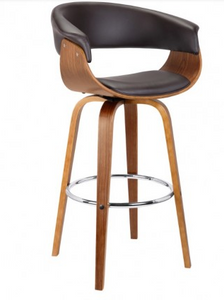 July 26" Mid-Century Swivel Counter Height Barstool in Brown Faux Leather with Walnut Wood