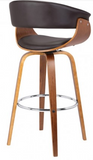 July 30" Mid-Century Swivel Bar Height Barstool in Brown Faux Leather with Walnut Wood