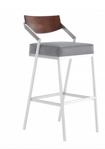 Dack Mid-Century 30" Bar Height Barstool in Brushed Stainless Steel with Grey Faux Leather and Walnut Wood Finish Back