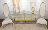 Marbled Mirrored Long Cabinet with Gold Metal Base and Doors