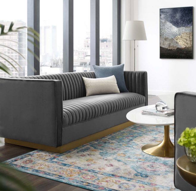 Vector Channel Tufted Modern Sofa With Gold Base Blue Interior Motives by Will Smith LLC