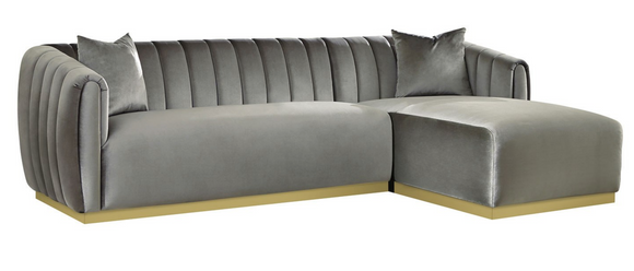 Apollo Grey Velvet Channel Back Sectional with Right Facing Chaise with Gold Base