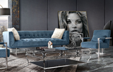 The Calabasas Sofa has a hollywood glamour style that was created to impress. The royal blue velvet fabric marries well with the tufting. It is accented by a modern stainless steel base.