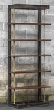 Etagere in an antique brass finish with suspended dark honey stained display shelves