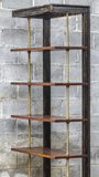 Etagere in an antique brass finish with suspended dark honey stained display shelves