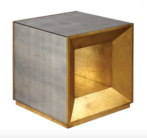 coffee table faceted with lightly antiqued mirror, accented with open beveled ends in antiqued gold leaf