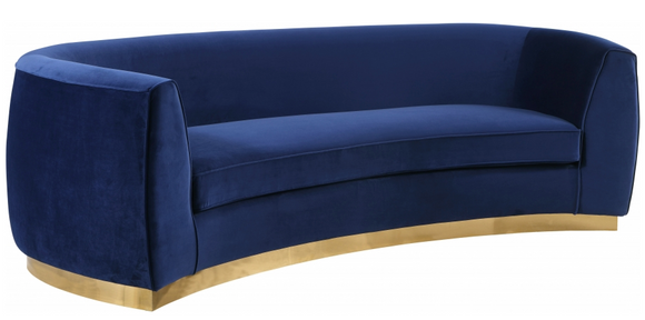 The Shell II curved sofa is the perfect mix of velvet and gold stainless steel comes to life in your space with this curved Sofa. This bold velvet sofa comes upholstered in rich, Sumptuous-to-the-touch velvet to make a fashionable statement in your space. The curved back design lends it a modish touch, and the gold stainless steel trim around its base adds to its glitzy appeal. Stage this sofa alone or with other pieces to wow your guest.