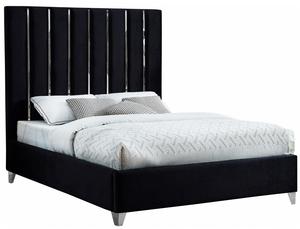 Create a bold yet welcoming sanctuary in your bedroom with this Roxx Velvet  Bed. The chrome channel design features velvet fabric upholstery for a sleek, glamorous look. The chrome legs provide support for the plank-style base, ensuring durability and long-lived beauty. Full slats are included, making setup easy and quick. No box spring is required with this bed, so you can use it with your choice of mattress.